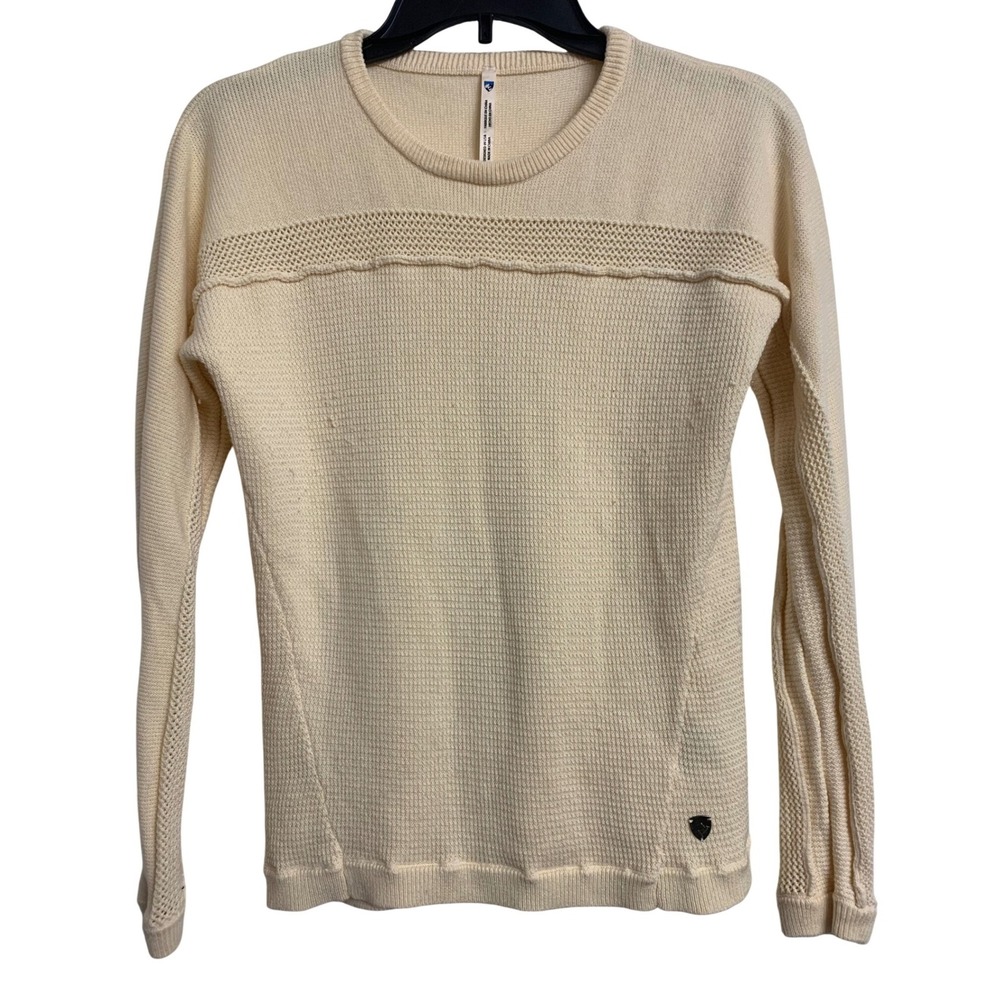 Kuhl Kosta Butter Yellow Pointelle Knit Outdoor Hiking Cashmere Blend Sweater XS